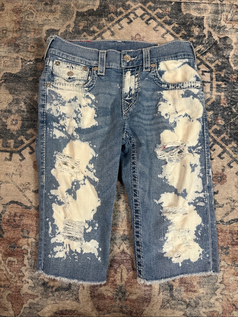 True Religion Blue Distressed Bleach-Splash Cropped Jeans